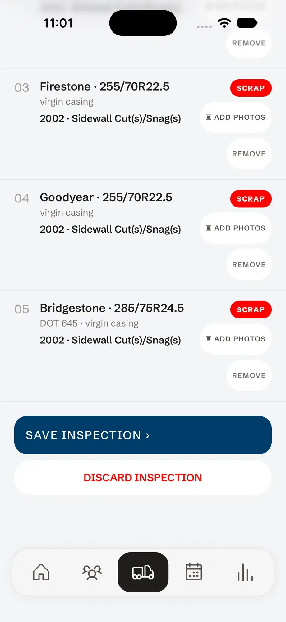 The casings on a Tread Rep scrap tire inspection, each with its brand, size, out-of-service code and a scrap tag, above Save inspection.