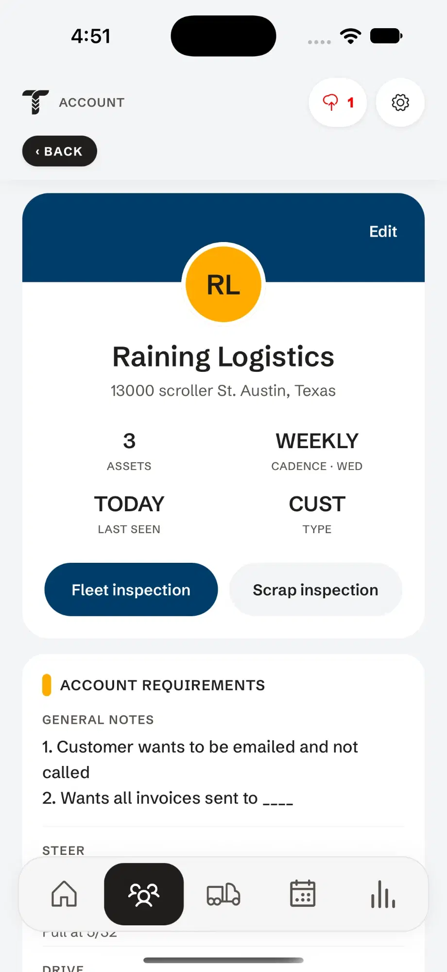 A customer account in Tread Rep: asset count, visit cadence, when it was last seen, buttons to start a fleet or scrap inspection, and the account's requirements and notes.