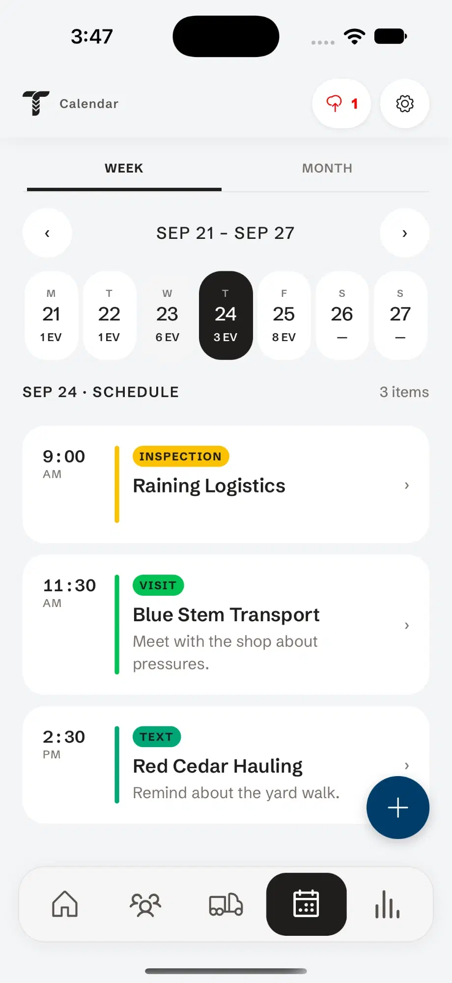 The Tread Rep calendar: a week strip with a count of events per day, and the day's inspections, visits and follow-ups by customer.