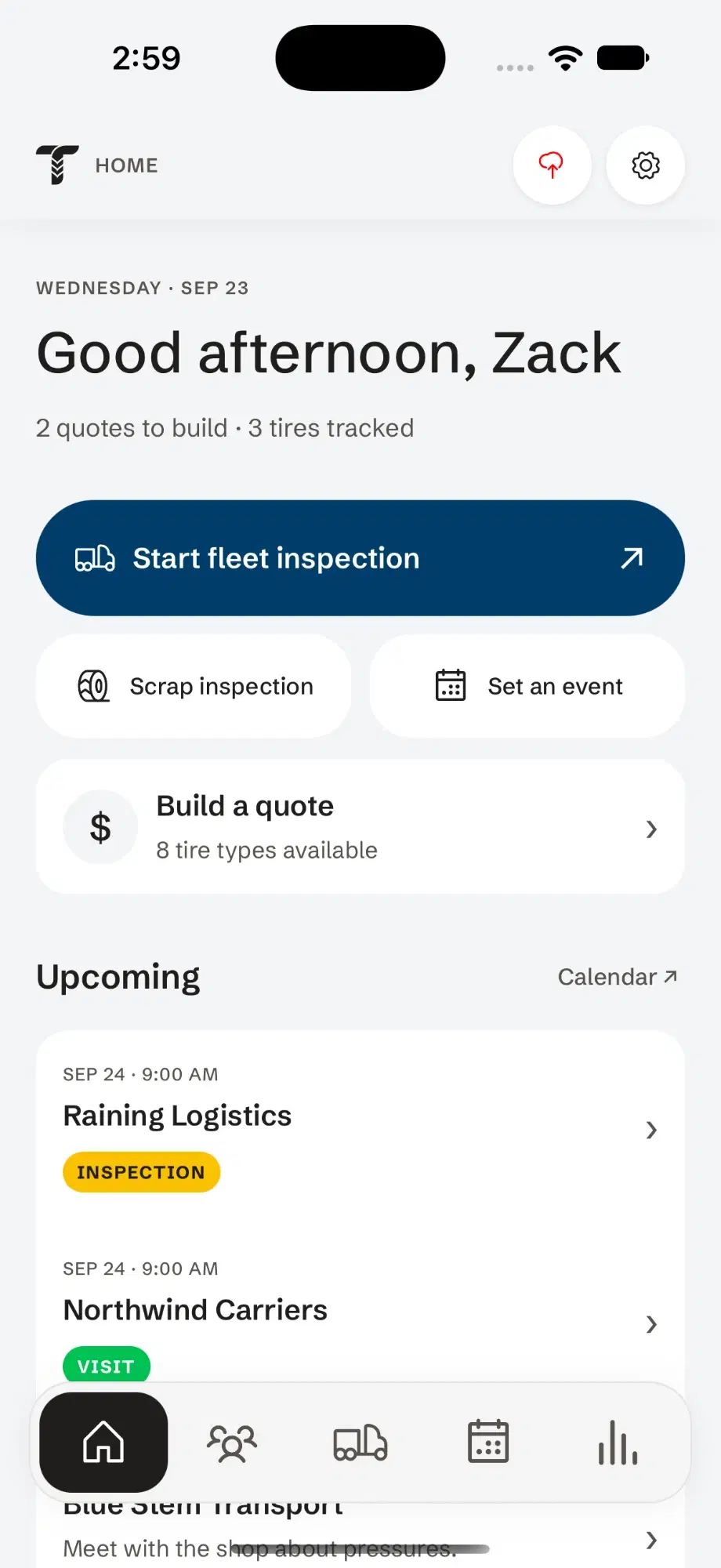 The Tread Rep home screen: buttons to start a fleet inspection, a scrap inspection or an event, and upcoming visits.