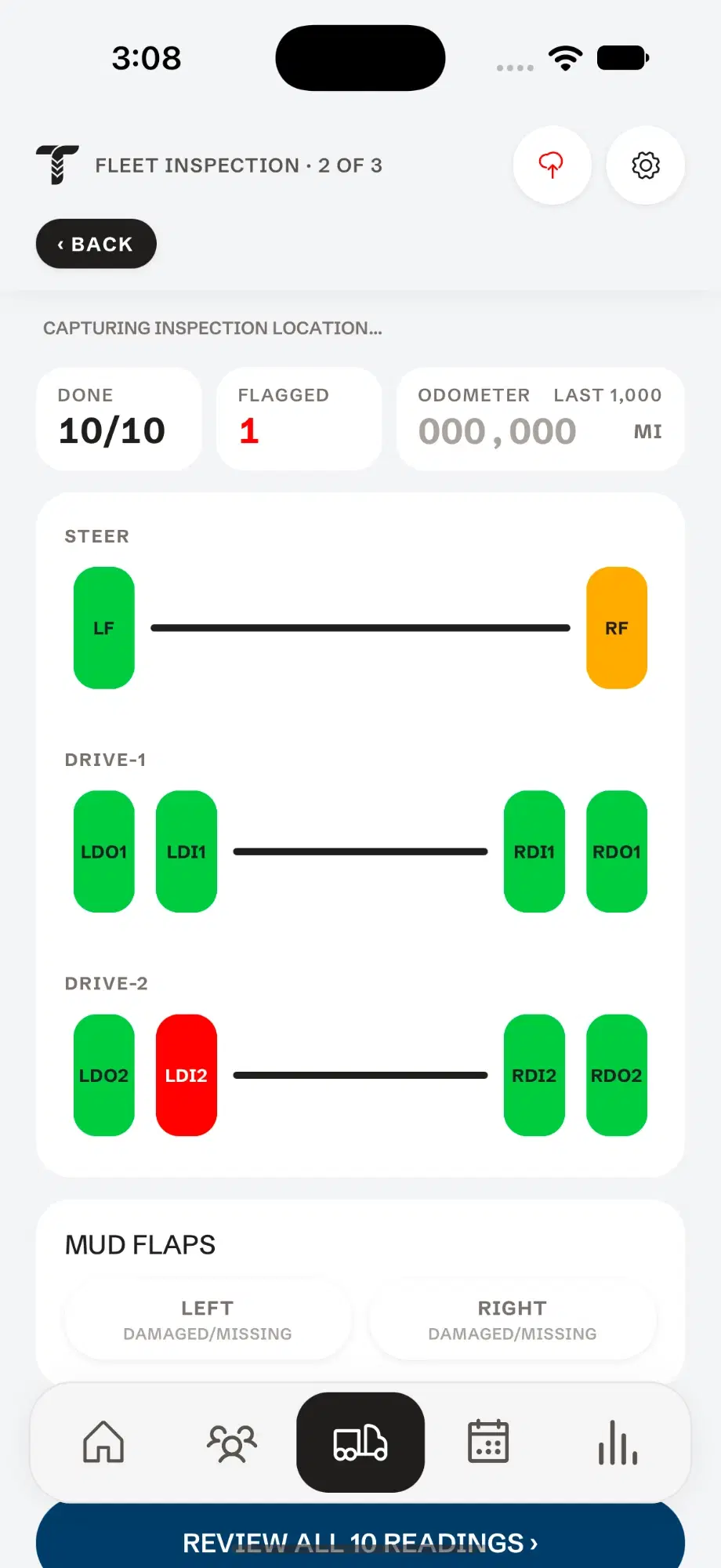A Tread Rep fleet inspection: counters for tires done and flagged, the odometer, and a diagram of the steer and drive axles with each tire coloured by its result.