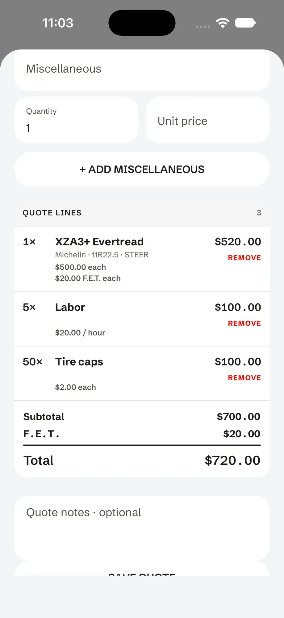 A Tread Rep commercial tire quote: a tire line with its F.E.T., a labor line and a miscellaneous line, with the subtotal, F.E.T. and total.