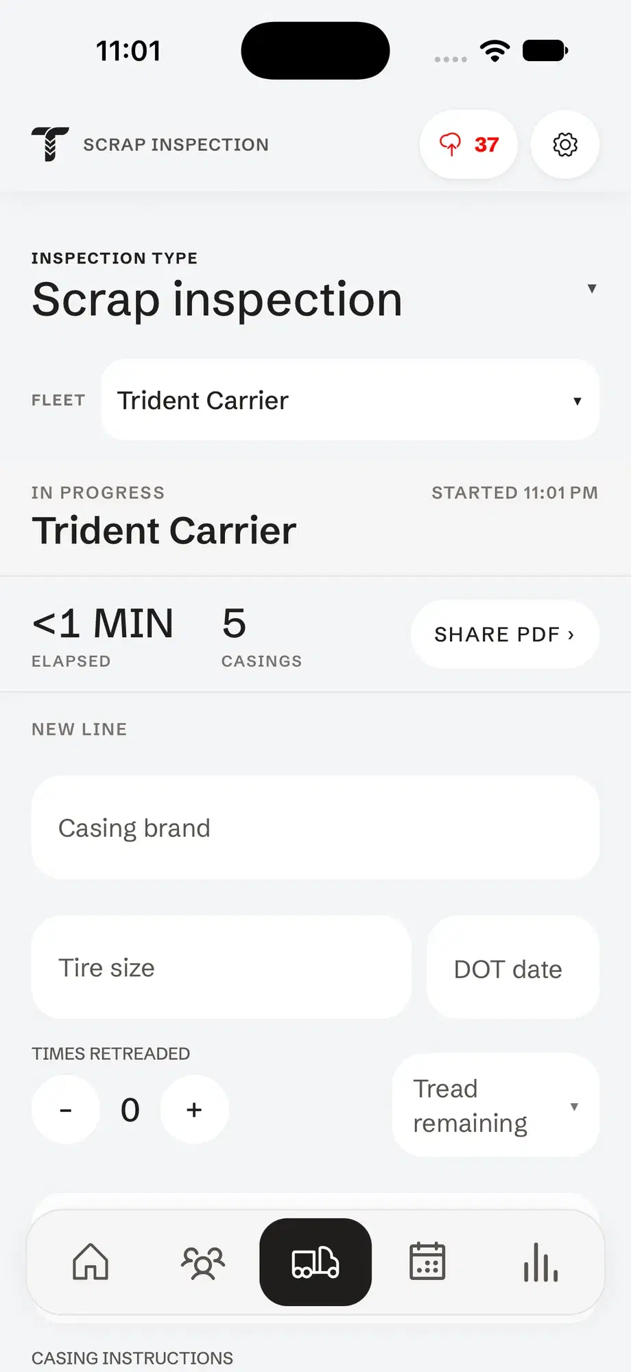 A scrap tire analysis in progress in Tread Rep: time elapsed, the casing count, a Share PDF button and the form for the next casing.